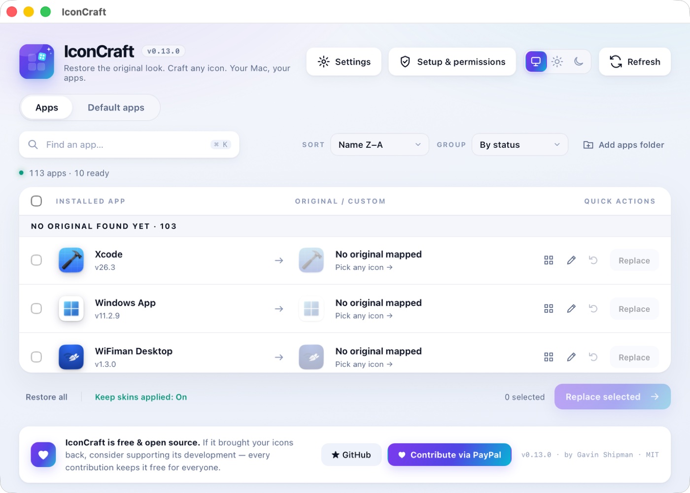 App list grouped by status with a header above the group