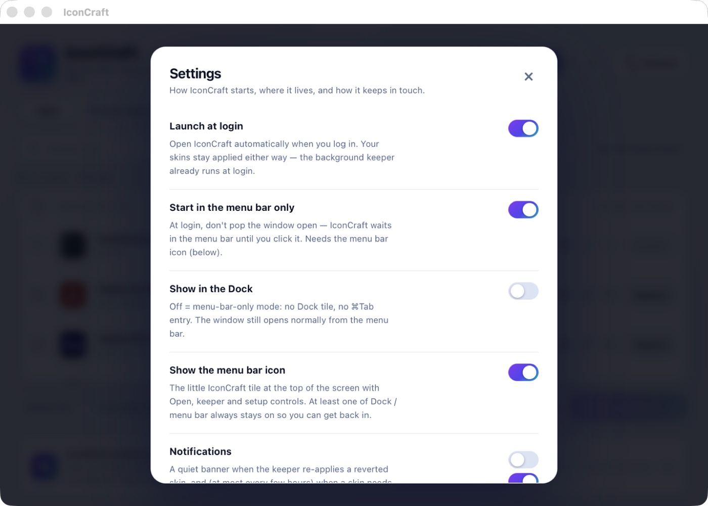 Settings dialog with startup, visibility and notification options
